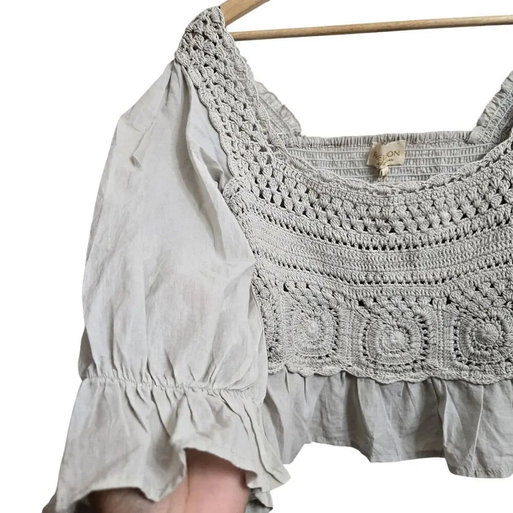 NWT Rebellion Again Womens Crochet Blouse Size Small Boho Peasant Ruffle Hippie